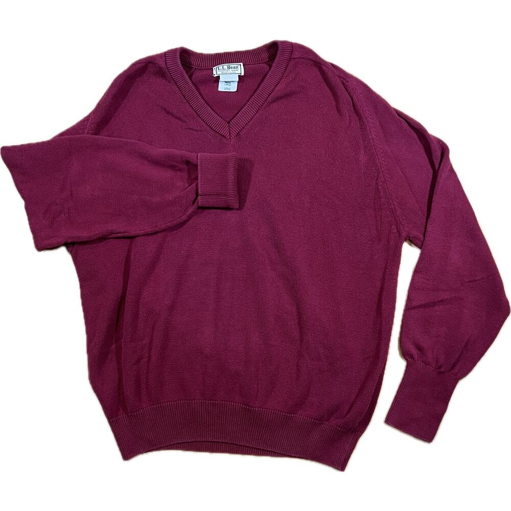 VTG L.L. Bean USA Cotton Sweater Scarlet Red V Neck Ribbed Hem Cuffs Mens Large‎